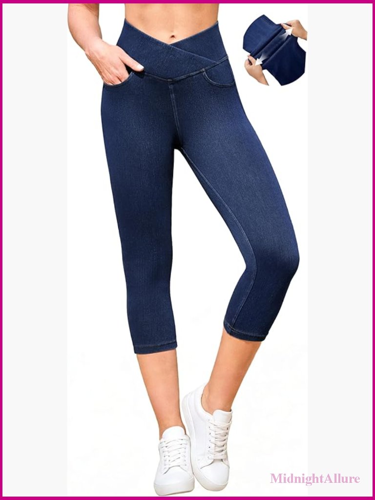 Stretchy Capri Jeggings With Pockets Tummy Control Pull On Women's Denim Capris